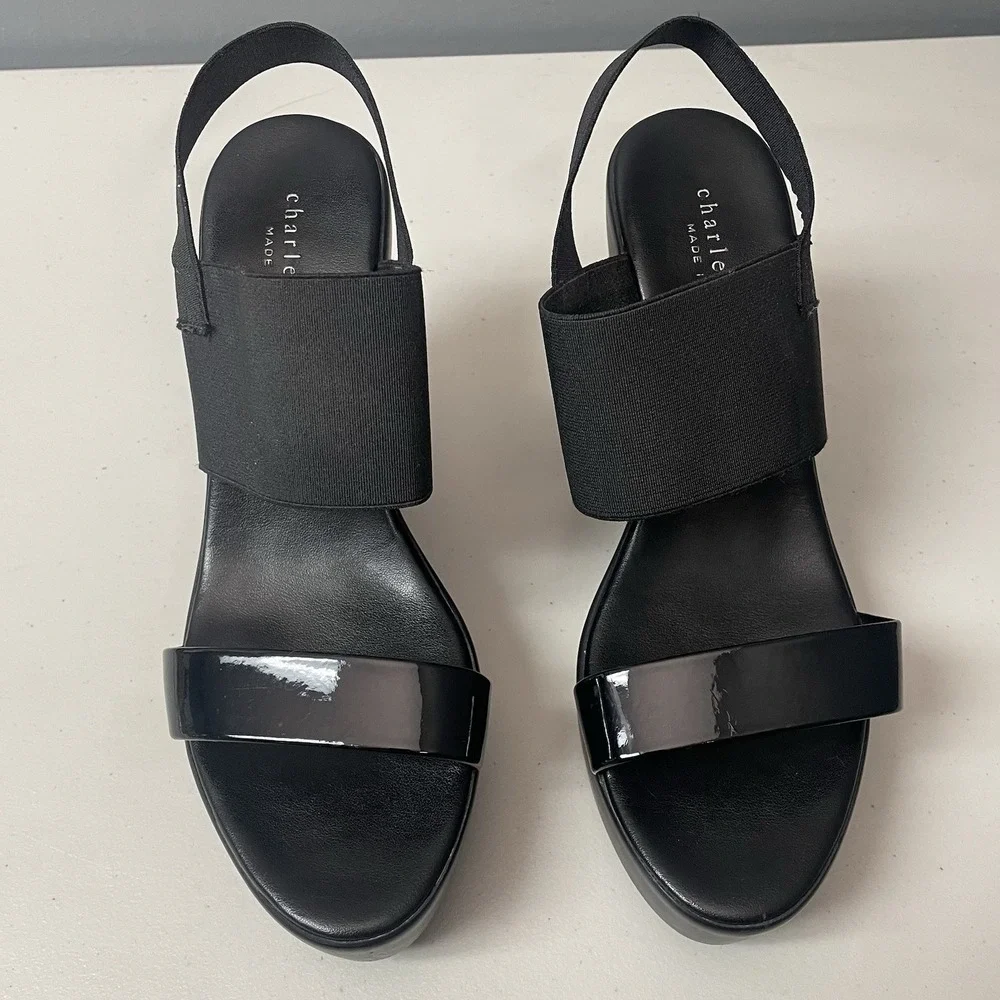 Charles David Womens 10 Black Ankle Strap Patent Leather Wedge Sandal Minimalist